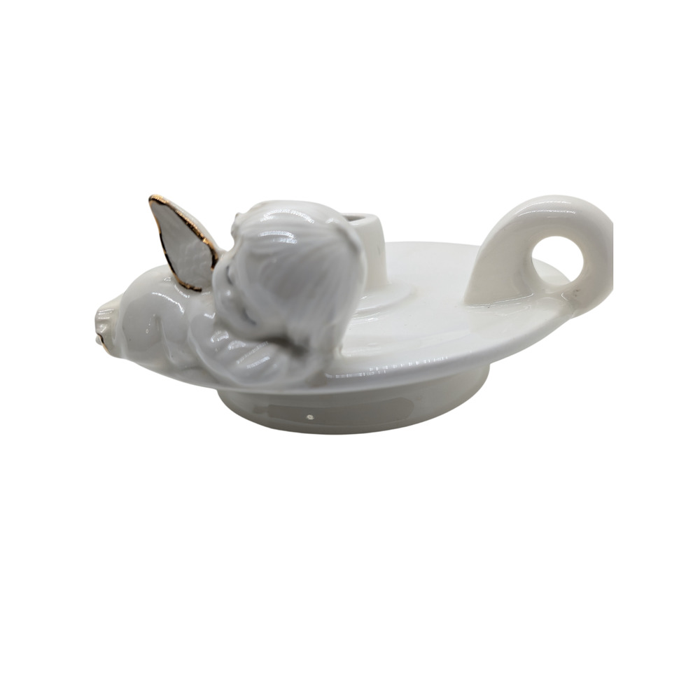 Vintage Fine Porcelain Cherub Sleeping Angel Candle Holder With Handle Gold Trim